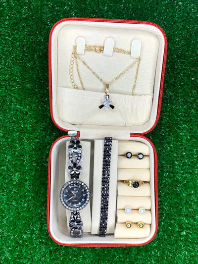 Pack of 6 Watch Set for Women Stainless Steel Analog Quartz Watch with Accessories Fashion and Luxury Style Multiple Colors (with box)