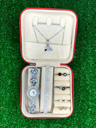 Pack of 6 Watch Set for Women Stainless Steel Analog Quartz Watch with Accessories Fashion and Luxury Style Multiple Colors (with box)