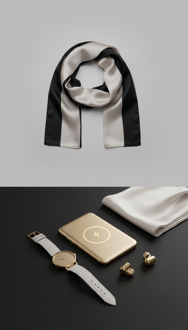 Silk Blend Scarf in Soft Pearl and Onyx